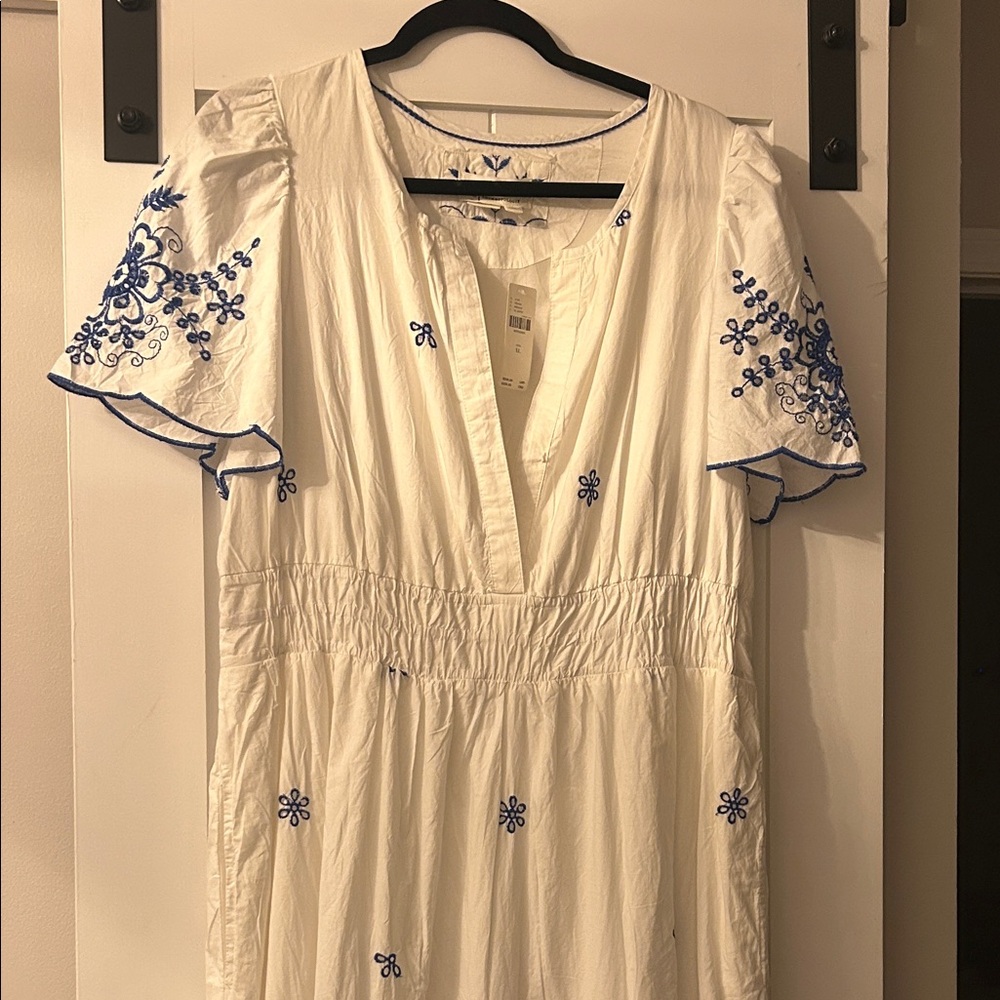 Anthropologie White Maxi Dress with Blue Embroidery